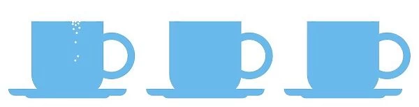 Digital illustration representing granulated sugar on side of cup in row of three blue cups and sauc