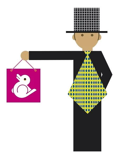 Digital illustration representing magician holding pink shopping bag with dove on front