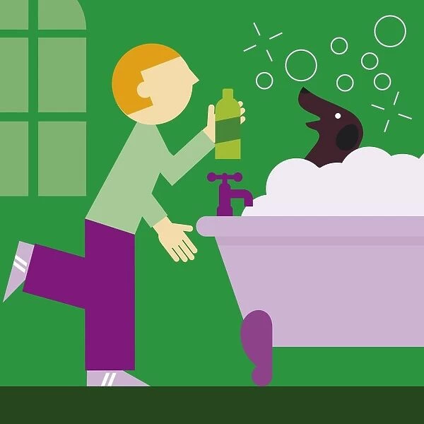 Digital illustration representing man shampooing dog in bath