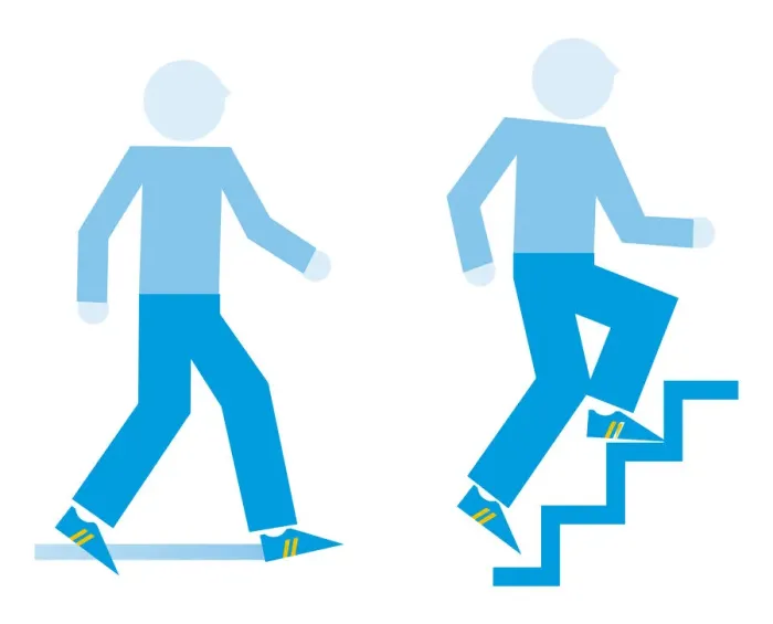 Framed Print : Digital illustration representing men exercising with brisk stroll and running up steps