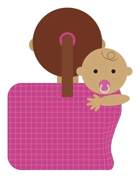 Digital illustration representing mother and baby with dummy in mouth looking over her shoulder
