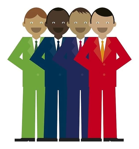 Digital illustration representing multi-ethnic group of four businessmen wearing green, blue, and re