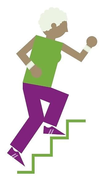 Digital illustration representing woman running up steps