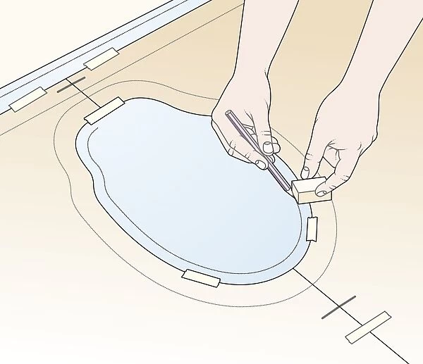 Digital illustration of reverse scribing on paper template at base of toilet using pencil and wood block