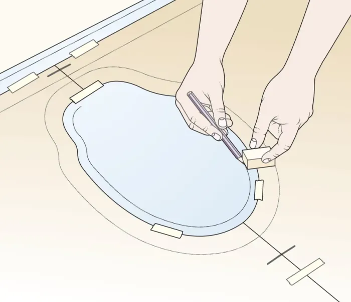 Framed Print : Digital illustration of reverse scribing on paper template at base of toilet using pencil and wood block Framed Print : Digital illustration of reverse scribing on paper template at base of toilet using pencil and wood block