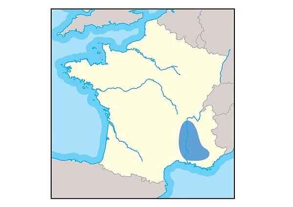 Digital illustration of Rhone Valley wine region in France, shown in blue