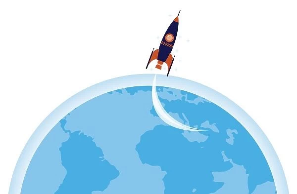 Digital illustration of rocket flying away from planet Earth