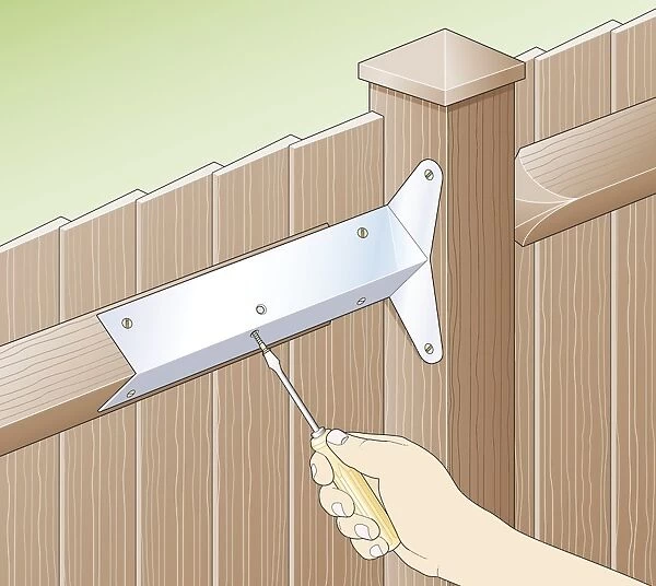 Digital illustration of screwing galvanized bracket to arris rail on garden fence