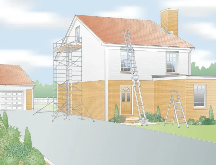 Framed Print : Digital illustration secure ladders and access tower outside house Framed Print : Digital illustration secure ladders and access tower outside house