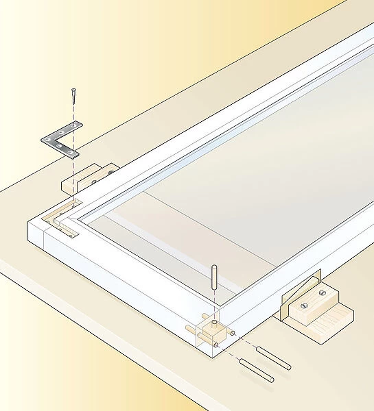 Digital illustration of securing loose joints in casement window with recessed metal angle and glued dowels driven into mortise-and-tenon joints
