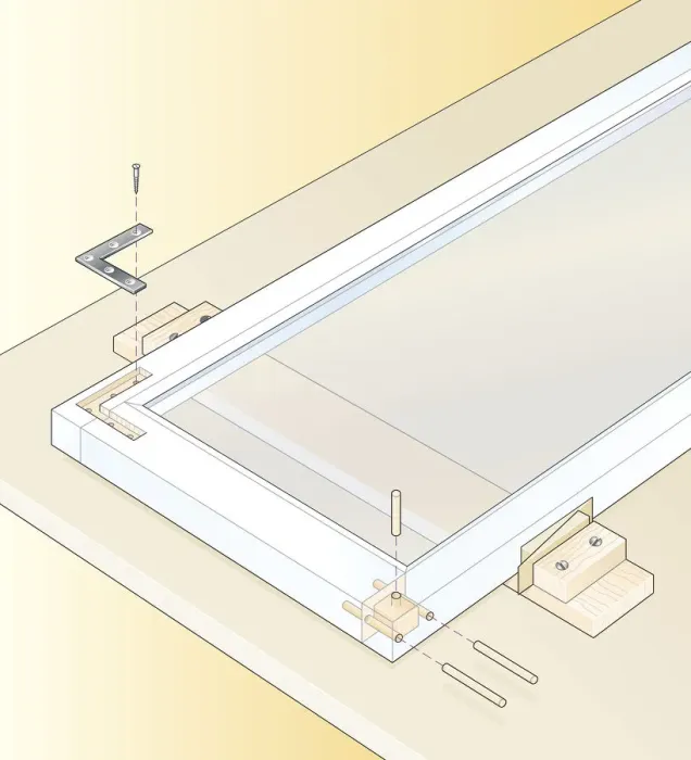 Framed Print : Digital illustration of securing loose joints in casement window with recessed metal angle and glued dowels driven into mortise-and-tenon joints Framed Print : Digital illustration of securing loose joints in casement window with recessed metal angle and glued dowels driven into mortise-and-tenon joints