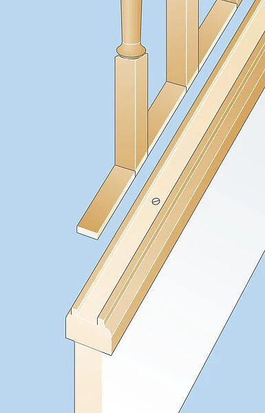 Digital illustration showing balusters sitting in banister, and grooved string on closed-string staircase