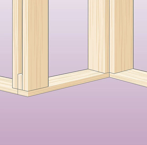 Digital illustration showing corner of partition wall and position of studs in wood