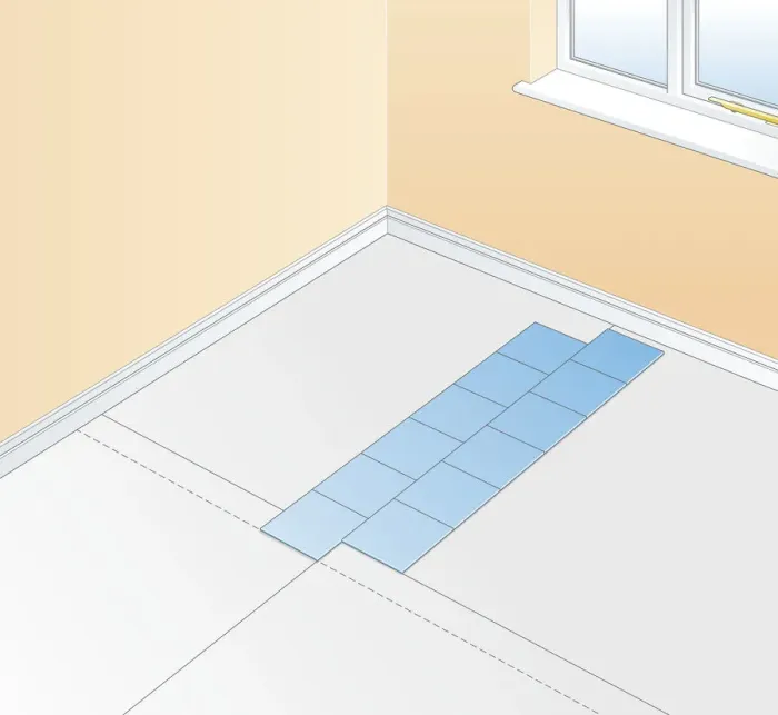 Framed Print : Digital illustration showing cross marked in room and dry-layed floor tiles used as guidance Framed Print : Digital illustration showing cross marked in room and dry-layed floor tiles used as guidance