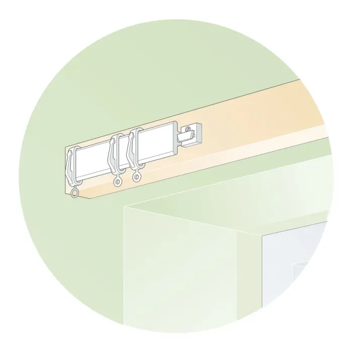 Framed Print : Digital illustration showing curtain hooks on plastic curtain rail track