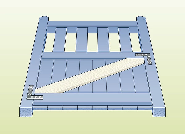 Digital Illustration showing diagonal brace on wooden gate, with joints reinforced by L-shaped brackets