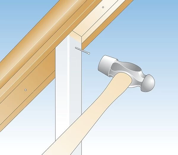 Digital illustration showing hammer nailed new baluster under handrail