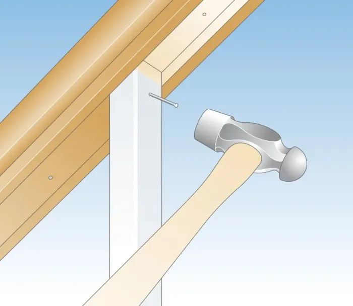 Framed Print : Digital illustration showing hammer nailed new baluster under handrail