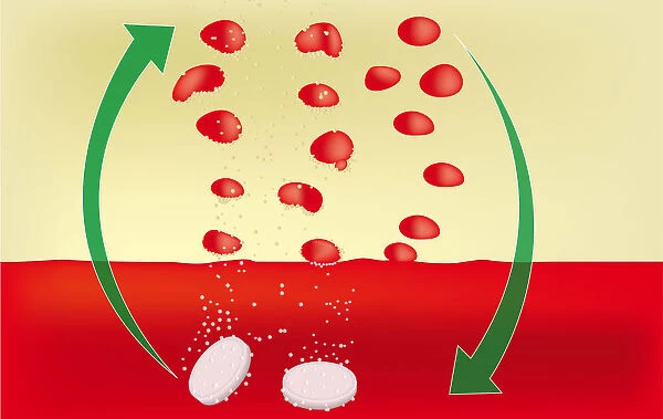Digital illustration showing how a lava fountain works using two tablets dissolving in red water and vegetable oil