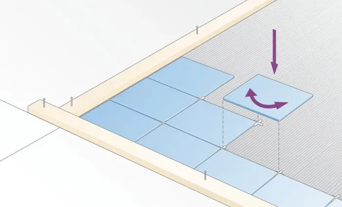 Framed Print : Digital Illustration showing how to lay ceramic tile butting close to battens by twisting the tile