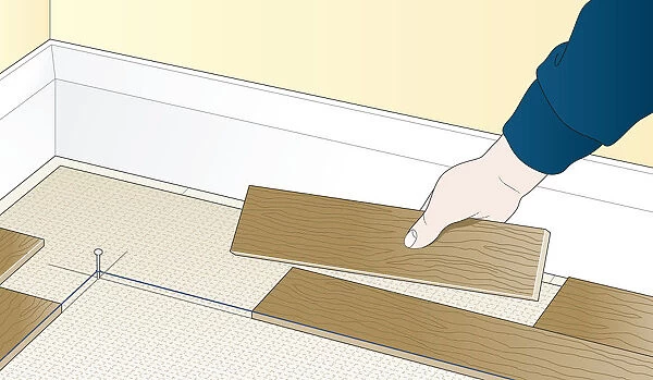 Digital illustration showing how to lay wooden floor blocks in herringbone pattern