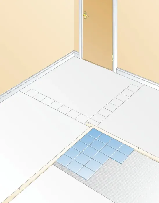 Framed Print : Digital illustration showing planning of tiled floor with battens, central line, and laid tiles Framed Print : Digital illustration showing planning of tiled floor with battens, central line, and laid tiles