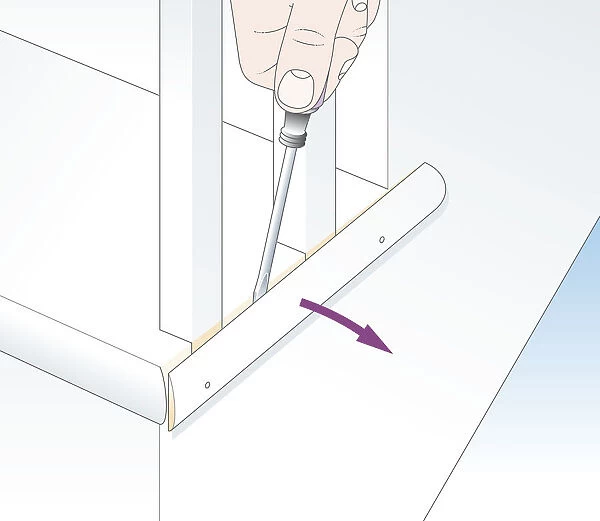Digital illustration showing how to prise off planted moulding between balusters using flat-head screwdriver