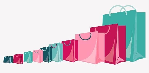 Digital illustration showing row of shopping bags of various sizes and colours