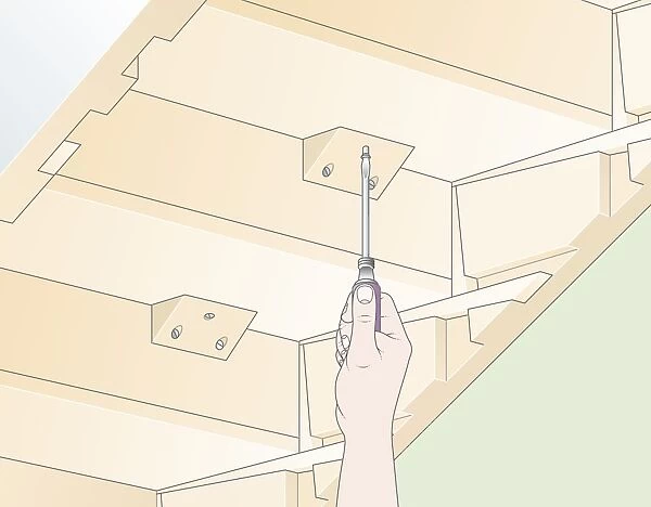 Digital illustration showing how to screw reinforcing blocks to back of tread from underneath stairs