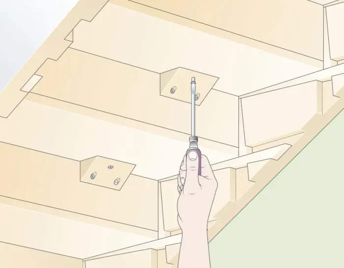 Framed Print : Digital illustration showing how to screw reinforcing blocks to back of tread from underneath stairs Framed Print : Digital illustration showing how to screw reinforcing blocks to back of tread from underneath stairs