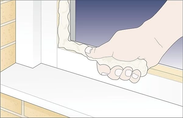 Digital Illustration showing how to stick glazing putty to edge of window frame using thumb