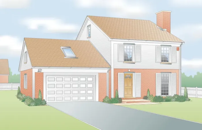 Framed Print : Digital illustration showing suburban house with secure doors and windows, and garage extension