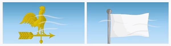 Digital illustration of showing wind rotating weather vane and making white flag flutter