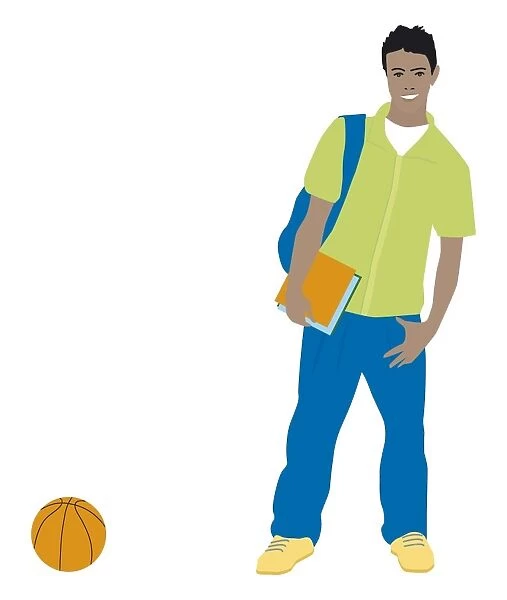 Digital illustration of smiling teenager with bag on shoulder, holding book, standing near basketbal
