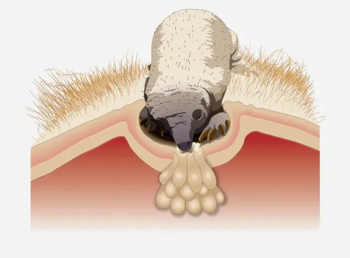 Framed Print : Digital illustration of Spiny Anteater (Echidna) puggle sucking from pores on milk patch in pouch Framed Print : Digital illustration of Spiny Anteater (Echidna) puggle sucking from pores on milk patch in pouch