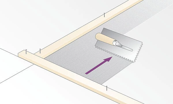 Digital illustration of spreading adhesive with notched edge of trowel