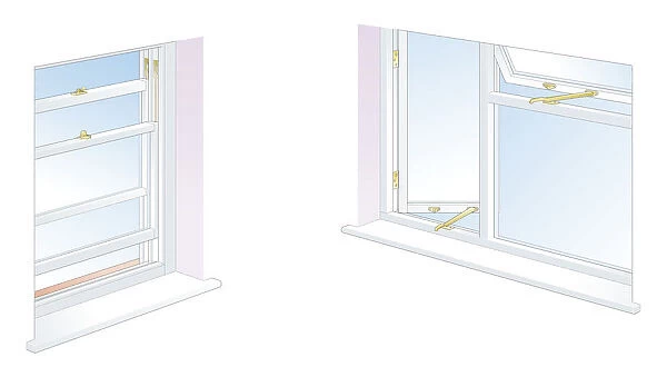 Digital illustration of spring metal strip, foam strip, and rubber seal on sash window, and foam strip draughtproofing casement window