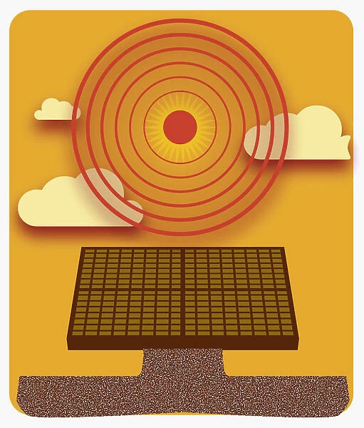 Digital illustration of sun radiating heat above solar panel