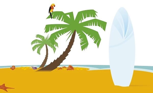 Digital illustration of surfboard on tropical beach and parrot perching on palm tree