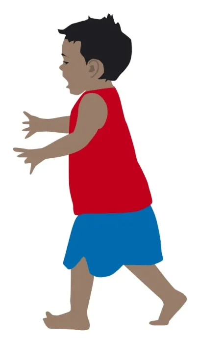Framed Print : Digital illustration of toddler walking with mouth open and arms reaching out