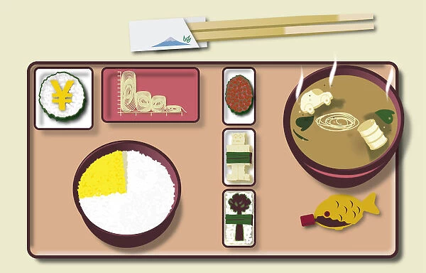 Digital illustration of traditional Japanese meal on tray and chopsticks