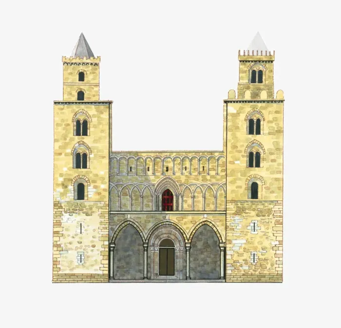Framed Print : Digital illustration of twin-towered facade of Roman Catholic Duomo di Cefalu