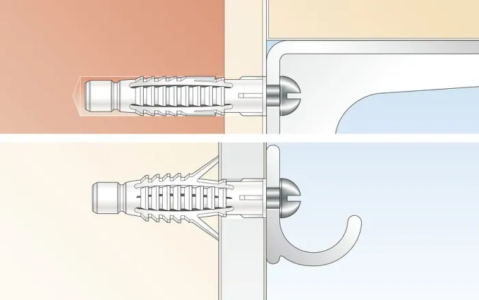 Framed Print : Digital Illustration of universal wall plugs securing metal hinge and hook to wall Framed Print : Digital Illustration of universal wall plugs securing metal hinge and hook to wall