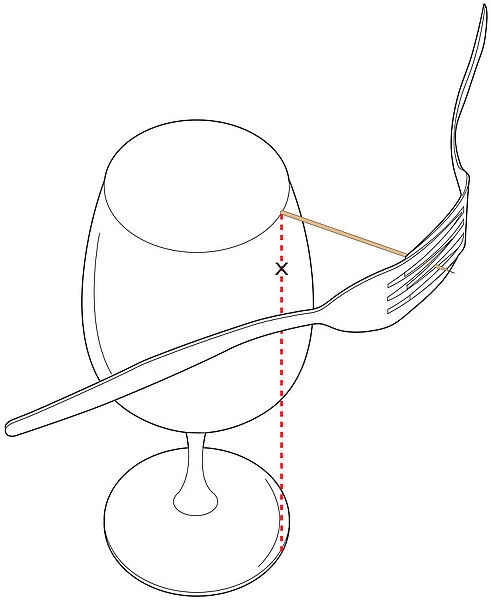 Digital illustration of using gravity to balance forks and toothpick from wine glass