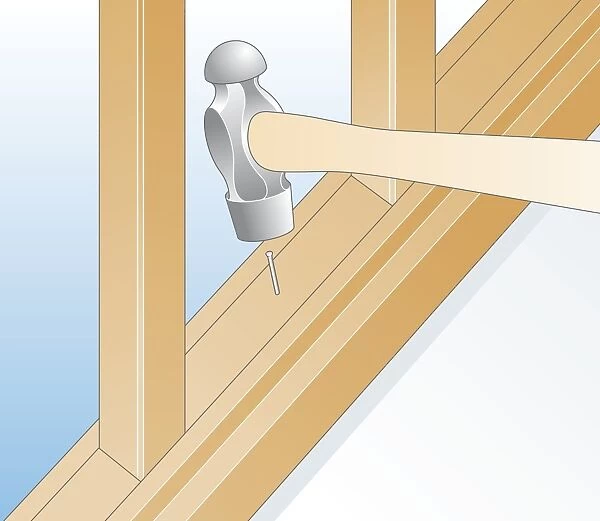 Digital illustration of using hammer to nail spacer in place between balusters