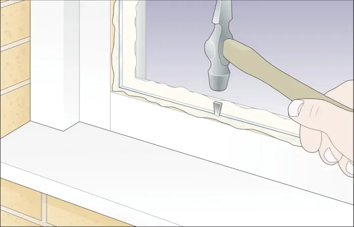 Framed Print : Digital Illustration of using hammer to tap glazing sprig in to putty surrounding new glass in window Framed Print : Digital Illustration of using hammer to tap glazing sprig in to putty surrounding new glass in window