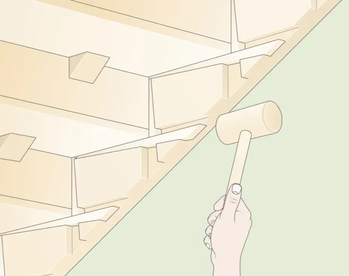 Framed Print : Digital Illustration of using mallet to tap loose wedges back into place below staircase tread Framed Print : Digital Illustration of using mallet to tap loose wedges back into place below staircase tread