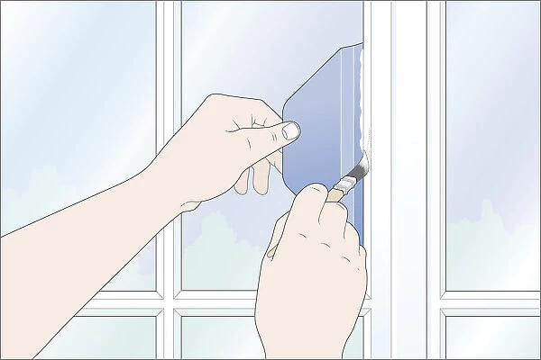 Digital illustration of using plastic paint shield to prevent painting on window