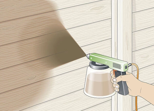 Digital illustration of using spray gun to carefully apply creosote on to garden fence