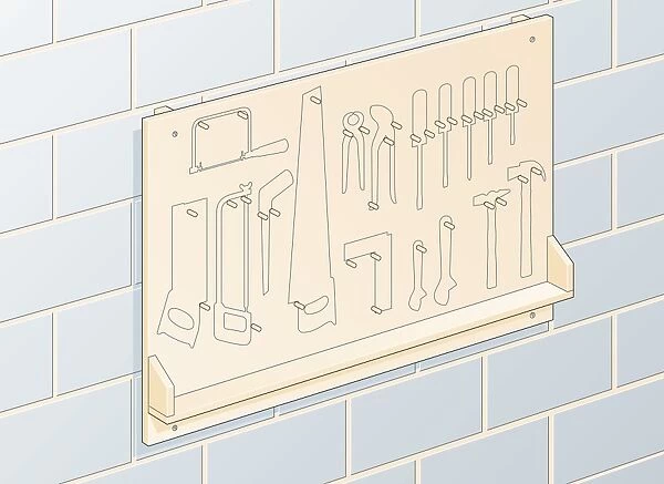 Digital illustration of wall-mounted tool storage board with outlines
